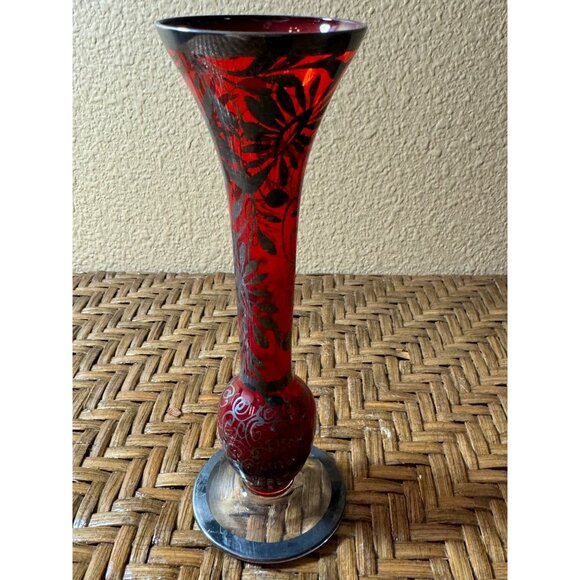 Vintage Floral Silver Over Lay Glass Bud Vase Red & Black - Picture 3 of 8